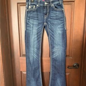 Rock & Roll Cowgirl Dark Blue Boot Cut Jeans with Contrast Stitching